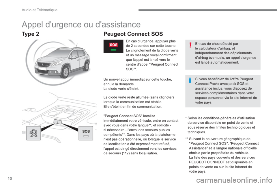 PEUGEOT 2008 2016  Manuel du propriétaire (in French)   Audio et Télématique 
10
   
 
 
 
 
 
Appel durgence ou dassistance 
 
 
En cas de choc détecté par 
le calculateur dairbag, et 
indépendamment des déploiements 
dairbag éventuels, un ap