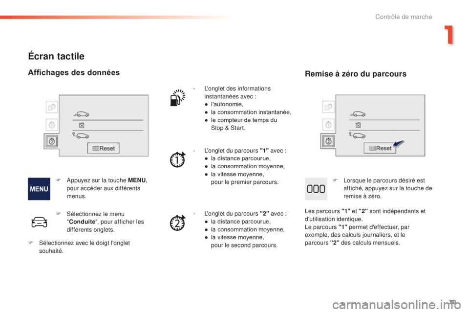 PEUGEOT 2008 2016 Manuel du propriétaire (in French) 39
Écran tactile
- L'onglet des informations instantanées avec :
●
l
'autonomie,
●
l
a consommation instantanée,
●
l
e compteur de temps du
Stop
& Start.
-
L
'ongle PEUGEOT 2008 2016 Manuel du propriétaire (in French) 39
Écran tactile
- L'onglet des informations instantanées avec :
●
l
'autonomie,
●
l
a consommation instantanée,
●
l
e compteur de temps du
Stop
& Start.
-
L
'ongle