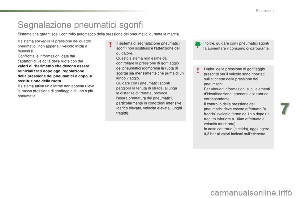PEUGEOT 2008 2016  Manuale duso (in Italian) 137
2008_it_Chap07_securite_ed01-2016
Il sistema di segnalazione pneumatici 
sgonfi non sostituisce l'attenzione del 
guidatore.
Questo sistema non esime dal 
controllare la pressione di gonfiaggi
