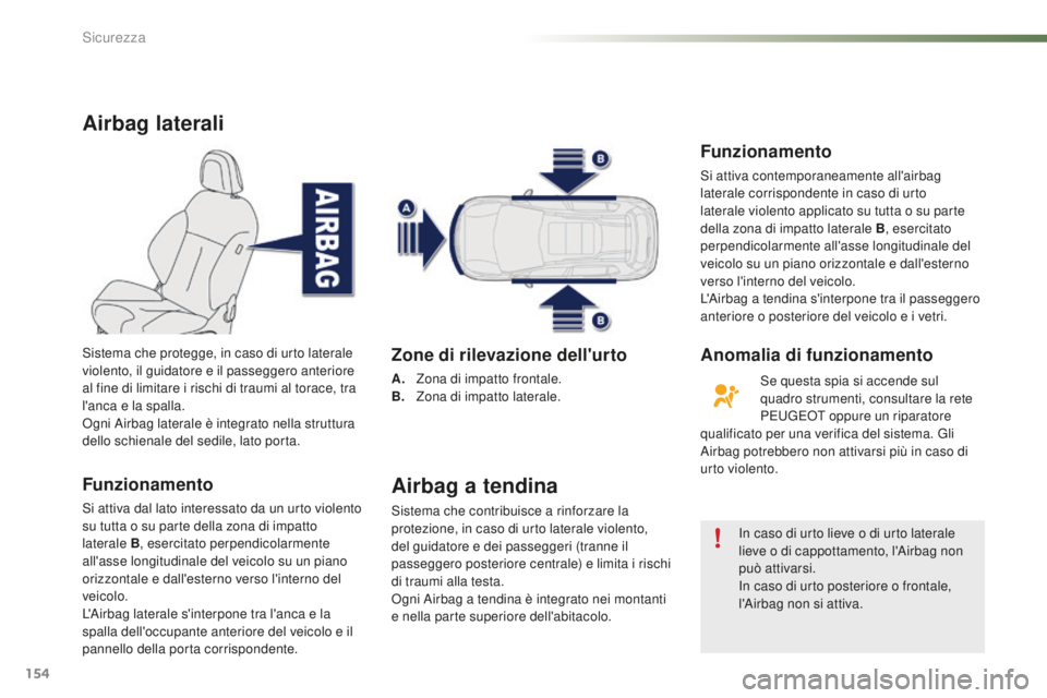 PEUGEOT 2008 2016  Manuale duso (in Italian) 154
2008_it_Chap07_securite_ed01-2016
Airbag laterali
Funzionamento
Si attiva dal lato interessato da un urto violento 
su tutta o su parte della zona di impatto 
laterale B, esercitato perpendicolarm