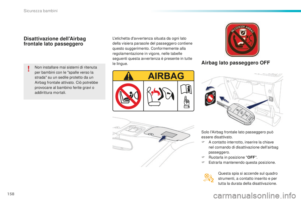 PEUGEOT 2008 2016  Manuale duso (in Italian) 158
2008_it_Chap08_securite-enfants_ed01-2016
Disattivazione dell'Airbag 
frontale lato passeggero
Non installare mai sistemi di ritenuta 
per bambini con le "spalle verso la 
strada" su u