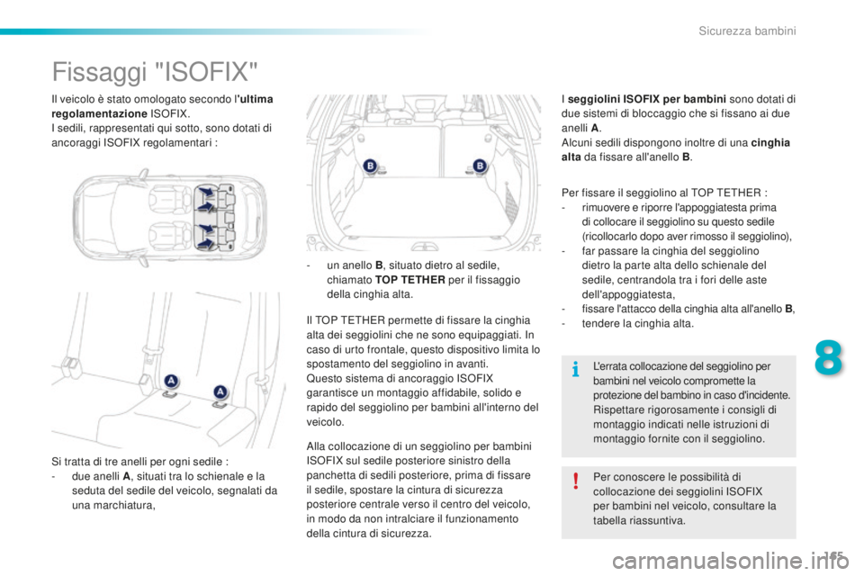PEUGEOT 2008 2016 Manuale duso (in Italian) 165
2008_it_Chap08_securite-enfants_ed01-2016
Il veicolo è stato omologato secondo l'ultima
regolamentazione ISOFIX.
I sedili, rappresentati qui sotto, sono dotati di
ancoraggi ISOFIX regolame PEUGEOT 2008 2016 Manuale duso (in Italian) 165
2008_it_Chap08_securite-enfants_ed01-2016
Il veicolo è stato omologato secondo l'ultima
regolamentazione ISOFIX.
I sedili, rappresentati qui sotto, sono dotati di
ancoraggi ISOFIX regolame