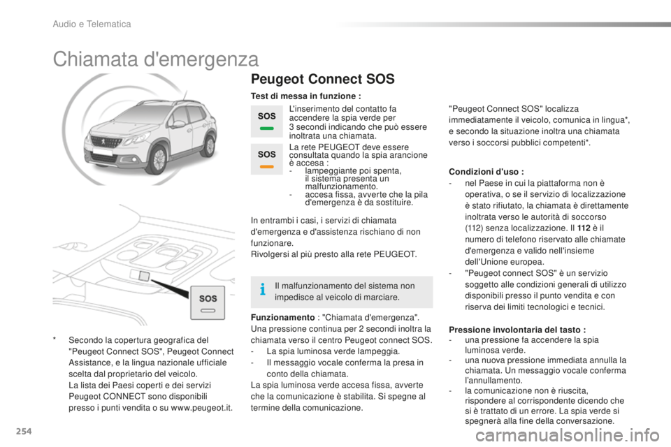 PEUGEOT 2008 2016 Manuale duso (in Italian) 254
2008_it_Chap12a_BTA_ed01-2016
Chiamata d'emergenza
Peugeot Connect SOS
L'inserimento del contatto fa
accendere la spia verde per
3
secondi indicando che può essere
inoltrata una chia PEUGEOT 2008 2016 Manuale duso (in Italian) 254
2008_it_Chap12a_BTA_ed01-2016
Chiamata d'emergenza
Peugeot Connect SOS
L'inserimento del contatto fa
accendere la spia verde per
3
secondi indicando che può essere
inoltrata una chia