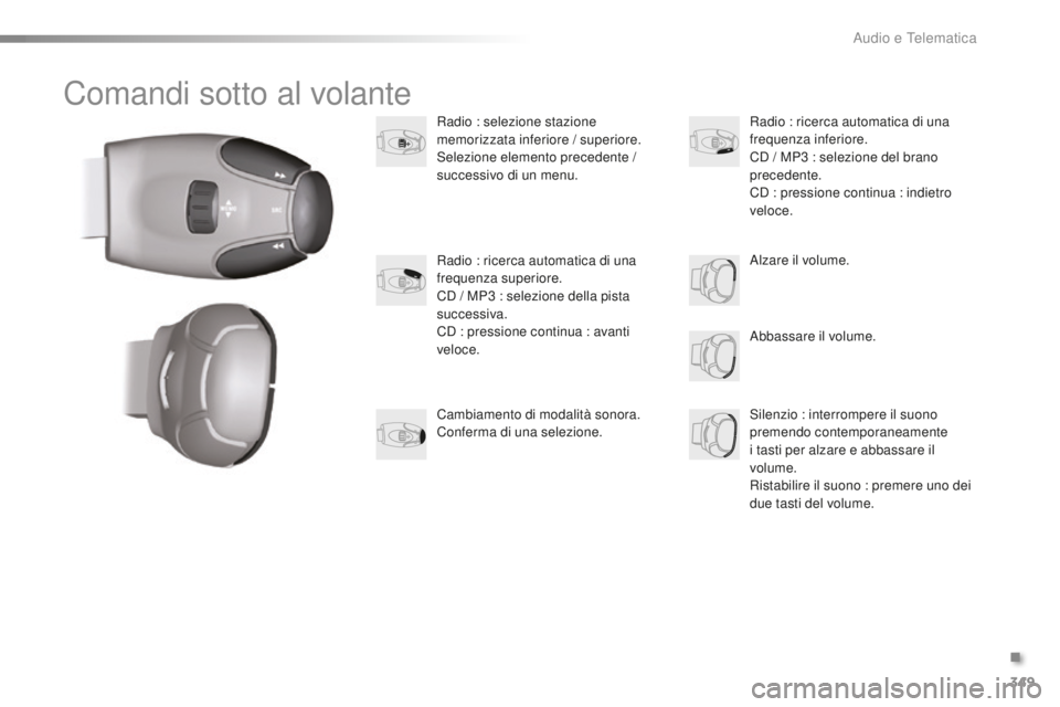 PEUGEOT 2008 2016 Manuale duso (in Italian) 349
2008_it_Chap12d_RDE1_ed01-2016
Comandi sotto al volante
Radio : selezione stazione
memorizzata inferiore / superiore.
Selezione elemento precedente /
successivo di un menu.Abbassare il volume.
R PEUGEOT 2008 2016 Manuale duso (in Italian) 349
2008_it_Chap12d_RDE1_ed01-2016
Comandi sotto al volante
Radio : selezione stazione
memorizzata inferiore / superiore.
Selezione elemento precedente /
successivo di un menu.Abbassare il volume.
R