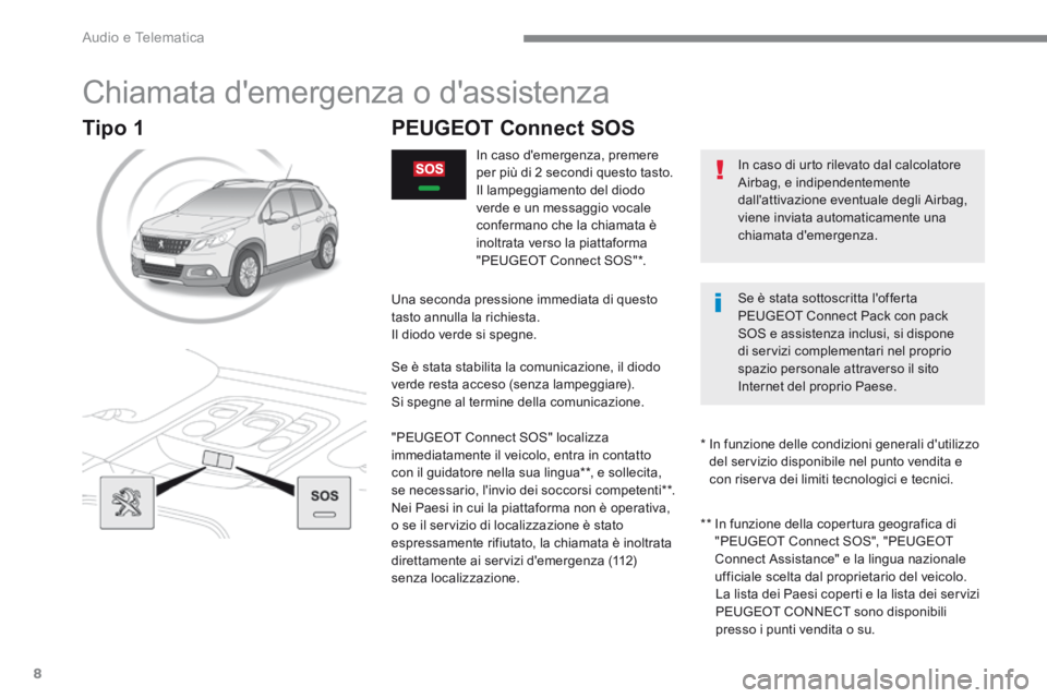 PEUGEOT 2008 2016 Manuale duso (in Italian) Audio e Telematica
8
2008-additif_it_Chap12a_BTA-2-BTA-3R_ed01-2016
Chiamata demergenza o dassistenza
PEUGEOT Connect SOS
In caso demergenza, premere per più di 2 secondi PEUGEOT 2008 2016 Manuale duso (in Italian) Audio e Telematica
8
2008-additif_it_Chap12a_BTA-2-BTA-3R_ed01-2016
Chiamata demergenza o dassistenza
PEUGEOT Connect SOS
In caso demergenza, premere per più di 2 secondi