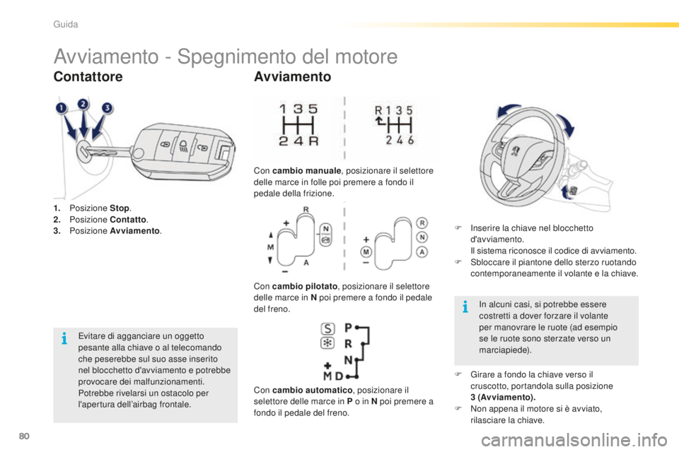 PEUGEOT 2008 2016  Manuale duso (in Italian) 80
2008_it_Chap05_conduite_ed01-2016
Avviamento - Spegnimento del motore
1. Posizione  Stop.
2. P osizione  Contatto .
3.
 

Posizione  Avviamento .
Contattore
Evitare di agganciare un oggetto 
pesant