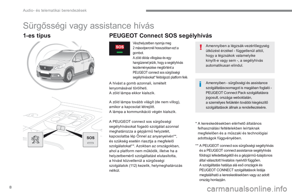 PEUGEOT 2008 2016 Kezelési útmutató (in Hungarian) Audio- és telematikai berendezések
8
2008-additif_hu_Chap12a_BTA-2-BTA-3R_ed01-2016
S ü r g ő s s é g i v a g y a s s i s t a n c e h í v á s
PEUGEOT Connect SOS seg PEUGEOT 2008 2016 Kezelési útmutató (in Hungarian) Audio- és telematikai berendezések
8
2008-additif_hu_Chap12a_BTA-2-BTA-3R_ed01-2016
S ü r g ő s s é g i v a g y a s s i s t a n c e h í v á s
PEUGEOT Connect SOS seg