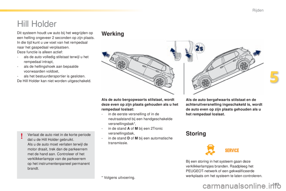 PEUGEOT 2008 2016  Instructieboekje (in Dutch) 103
2008_nl_Chap05_conduite_ed01-2016
Hill Holder
Dit systeem houdt uw auto bij het wegrijden op 
een helling ongeveer 2  seconden op zijn plaats. 
In die tijd kunt u uw voet van het rempedaal 
naar h