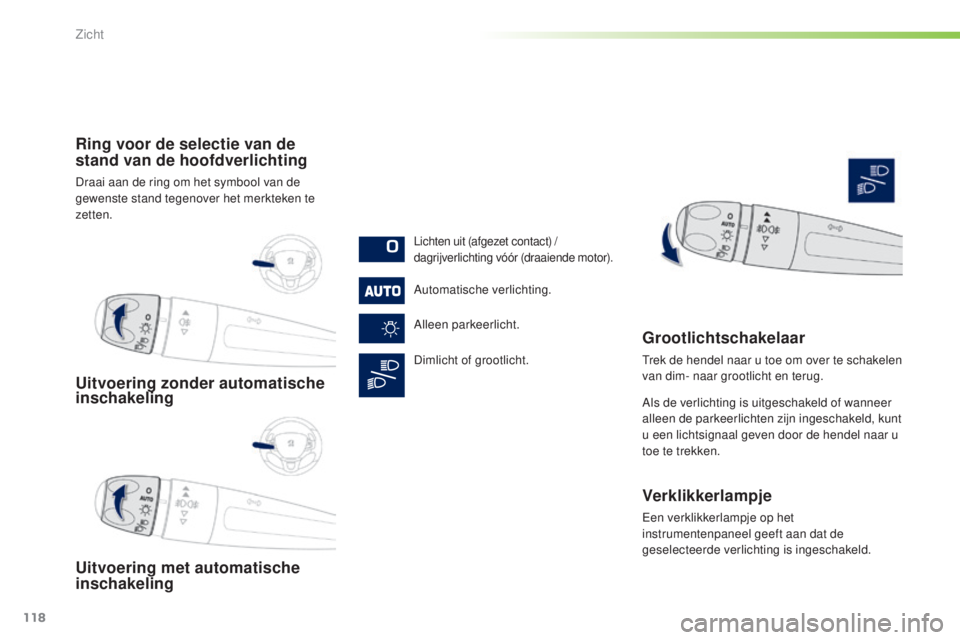PEUGEOT 2008 2016 Instructieboekje (in Dutch) 118
2008_nl_Chap06_visibilite_ed01-2016
Uitvoering zonder automatische
inschakeling
Uitvoering met automatische
inschakeling Ring voor de selectie van de
stand van de hoofdverlichting
Draai aan de PEUGEOT 2008 2016 Instructieboekje (in Dutch) 118
2008_nl_Chap06_visibilite_ed01-2016
Uitvoering zonder automatische
inschakeling
Uitvoering met automatische
inschakeling Ring voor de selectie van de
stand van de hoofdverlichting
Draai aan de