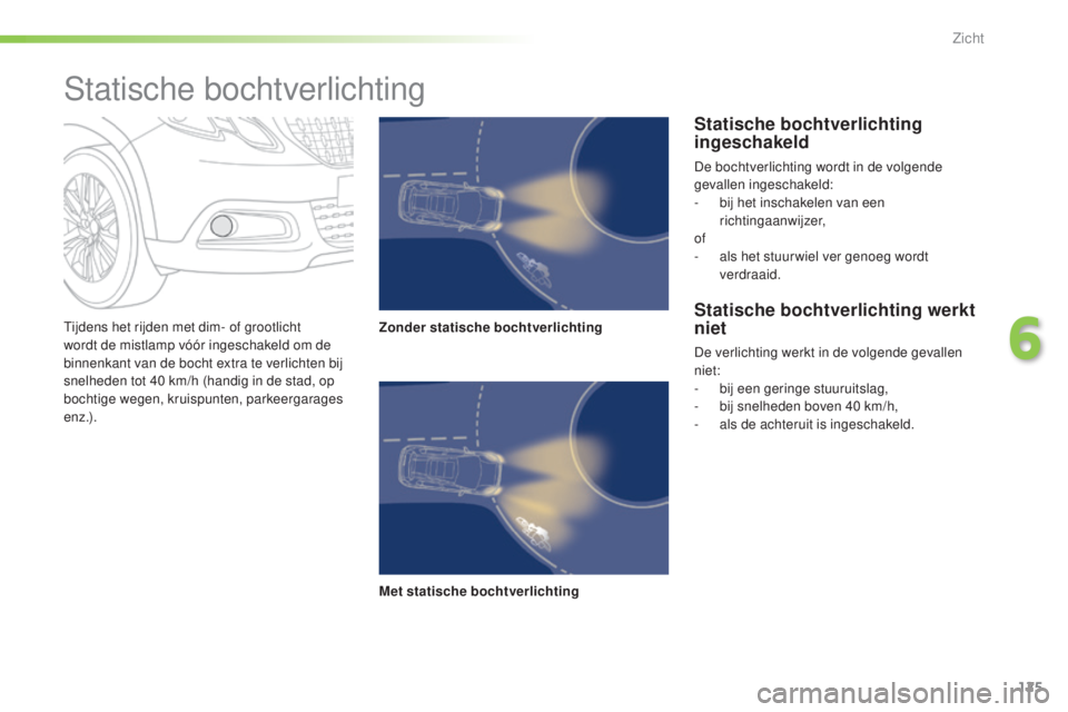 PEUGEOT 2008 2016  Instructieboekje (in Dutch) 125
2008_nl_Chap06_visibilite_ed01-2016
Tijdens het rijden met dim- of grootlicht 
wordt de mistlamp vóór ingeschakeld om de 
binnenkant van de bocht extra te verlichten bij 
snelheden tot 40  km/h 