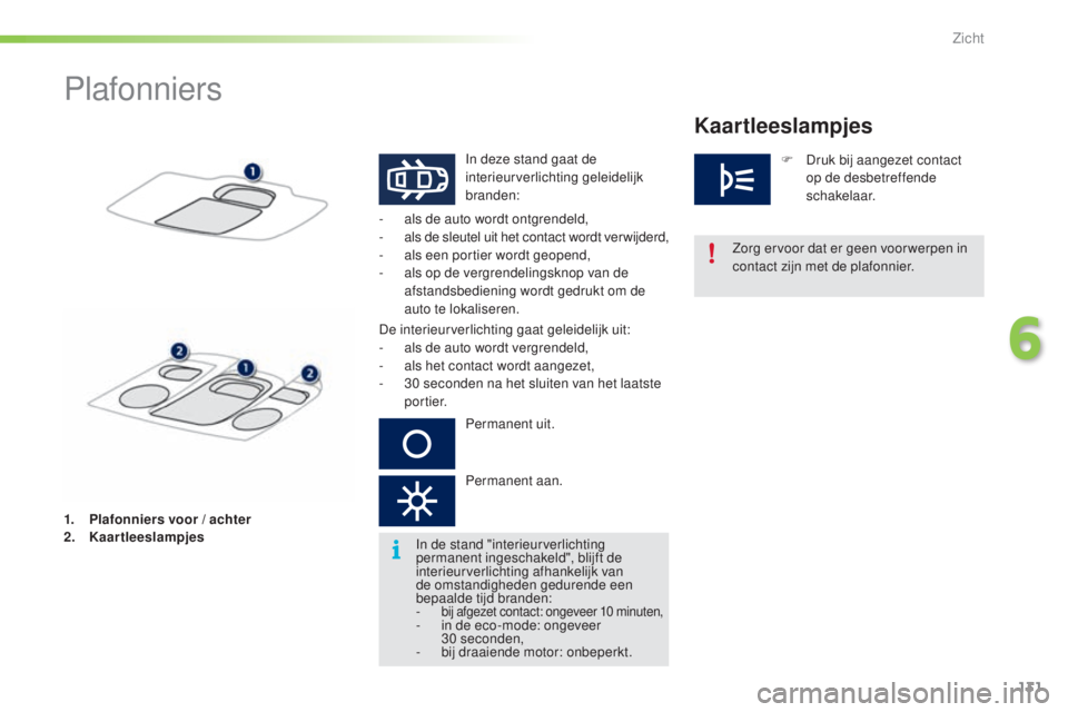 PEUGEOT 2008 2016  Instructieboekje (in Dutch) 131
2008_nl_Chap06_visibilite_ed01-2016
Plafonniers
In deze stand gaat de 
interieurverlichting geleidelijk 
branden:
-
 
a

ls de auto wordt ontgrendeld,
-
 
a

ls de sleutel uit het contact wordt ve