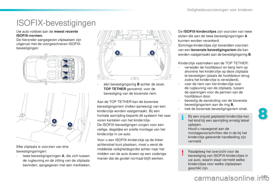 PEUGEOT 2008 2016  Instructieboekje (in Dutch) 165
2008_nl_Chap08_securite-enfants_ed01-2016
Uw auto voldoet aan de meest recente 
ISOFIX-normen.
De hieronder aangegeven zitplaatsen zijn 
uitgerust met de voorgeschreven ISOFIX-
bevestigingen:
ISOF