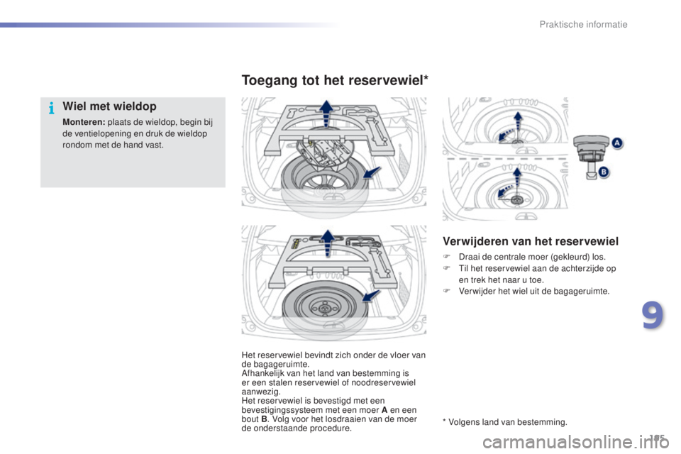 PEUGEOT 2008 2016 Instructieboekje (in Dutch) 195
2008_nl_Chap09_info-pratiques_ed01-2016
Het reservewiel bevindt zich onder de vloer van
de bagageruimte.
Afhankelijk van het land van bestemming is
er een stalen reservewiel of noodreservewiel
PEUGEOT 2008 2016 Instructieboekje (in Dutch) 195
2008_nl_Chap09_info-pratiques_ed01-2016
Het reservewiel bevindt zich onder de vloer van
de bagageruimte.
Afhankelijk van het land van bestemming is
er een stalen reservewiel of noodreservewiel