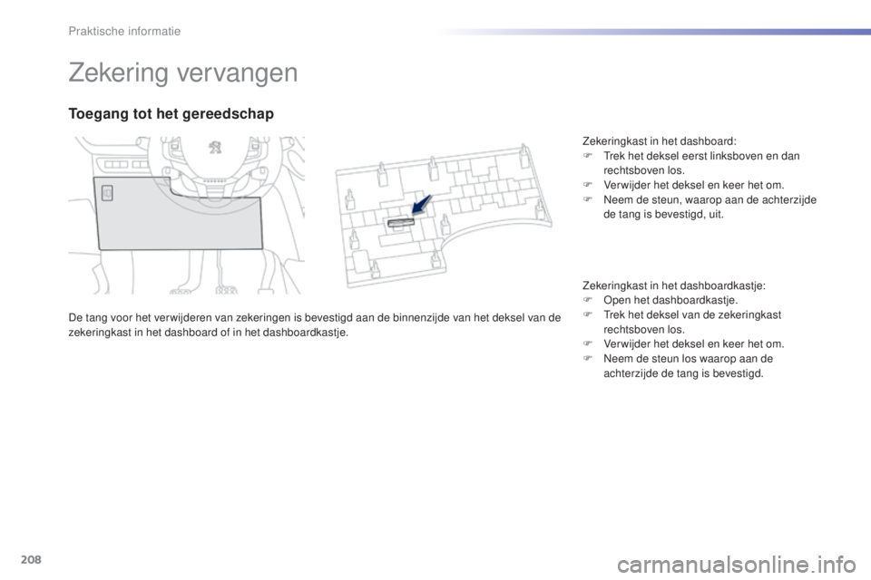PEUGEOT 2008 2016  Instructieboekje (in Dutch) 208
2008_nl_Chap09_info-pratiques_ed01-2016
Zekering vervangen
De tang voor het ver wijderen van zekeringen is bevestigd aan de binnenzijde van het deksel van de 
zekeringkast in het dashboard of in h