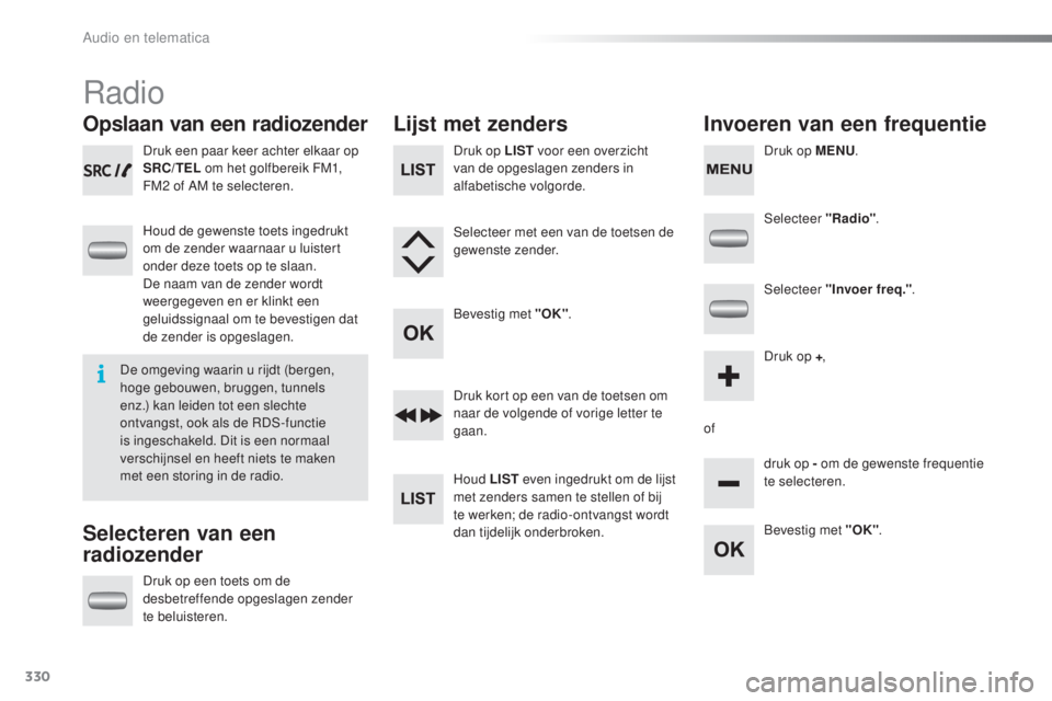 PEUGEOT 2008 2016 Instructieboekje (in Dutch) 330
2008_nl_Chap12c_RDE2_ed01-2016
Radio
Opslaan van een radiozender
Selecteren van een
radiozenderLijst met zenders
Invoeren van een frequentie
Druk een paar keer achter elkaar op
SRC/TEL om het go PEUGEOT 2008 2016 Instructieboekje (in Dutch) 330
2008_nl_Chap12c_RDE2_ed01-2016
Radio
Opslaan van een radiozender
Selecteren van een
radiozenderLijst met zenders
Invoeren van een frequentie
Druk een paar keer achter elkaar op
SRC/TEL om het go