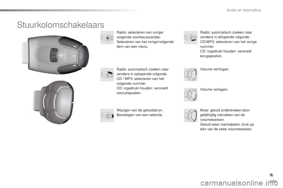 PEUGEOT 2008 2016 Instructieboekje (in Dutch) 349
2008_nl_Chap12d_RDE1_ed01-2016
Stuurkolomschakelaars
Radio: selecteren van vorige/
volgende voorkeuzezender.
Selecteren van het vorige/volgende
item van een menu.Volume verlagen.
Radio: automatis PEUGEOT 2008 2016 Instructieboekje (in Dutch) 349
2008_nl_Chap12d_RDE1_ed01-2016
Stuurkolomschakelaars
Radio: selecteren van vorige/
volgende voorkeuzezender.
Selecteren van het vorige/volgende
item van een menu.Volume verlagen.
Radio: automatis