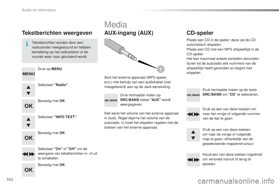 PEUGEOT 2008 2016  Instructieboekje (in Dutch) 352
2008_nl_Chap12d_RDE1_ed01-2016
Druk herhaalde malen op de toets 
SRC/BAND om "CD" te selecteren.
Druk op een van deze toetsen om 
naar het vorige of volgende nummer 
van de lijst te gaan.

