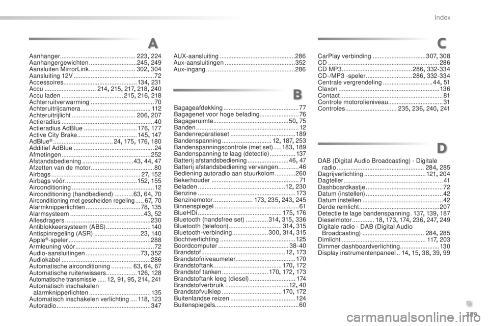 PEUGEOT 2008 2016  Instructieboekje (in Dutch) 359
2008_nl_Chap13_index-alpha_ed01-2016
Aanhanger............................................ 223, 224
Aanhangergewichten ............................ 24
5, 249
Aansluiten MirrorLink
 ...............