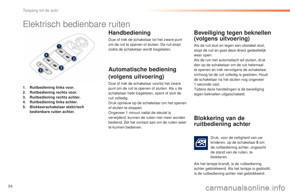 PEUGEOT 2008 2016 Instructieboekje (in Dutch) 54
2008_nl_Chap02_ouvertures_ed01-2016
Elektrisch bedienbare ruiten
1. Ruitbediening links voor.
2. Ruitbediening rechts voor.
3.
R
uitbediening rechts achter.
4.
R
uitbediening links achter.
5.
PEUGEOT 2008 2016 Instructieboekje (in Dutch) 54
2008_nl_Chap02_ouvertures_ed01-2016
Elektrisch bedienbare ruiten
1. Ruitbediening links voor.
2. Ruitbediening rechts voor.
3.
R
uitbediening rechts achter.
4.
R
uitbediening links achter.
5.