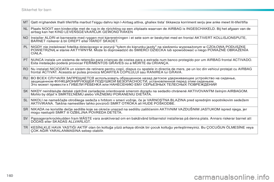 PEUGEOT 2008 2016 Instruksjoner for bruk (in Norwegian) 160
MtQatt m’ghandek thalli tifel/tifla marbut f’siggu dahru lejn l-Airbag attiva, ghaliex tista’ tikkawza korriment serju jew anke mewt lit-tifel/tifla
NLPlaats NOOIT een kinderzitje met de rug PEUGEOT 2008 2016 Instruksjoner for bruk (in Norwegian) 160
MtQatt m’ghandek thalli tifel/tifla marbut f’siggu dahru lejn l-Airbag attiva, ghaliex tista’ tikkawza korriment serju jew anke mewt lit-tifel/tifla
NLPlaats NOOIT een kinderzitje met de rug