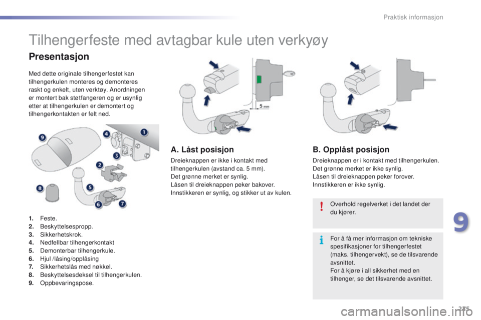 PEUGEOT 2008 2016 Instruksjoner for bruk (in Norwegian) 225
2008_no_Chap09_info-pratiques_ed01-2016
tilhengerfeste med avtagbar kule uten verkyøy
Presentasjon
Med dette originale tilhenger festet kan
tilhengerkulen monteres og demonteres
raskt og enkelt PEUGEOT 2008 2016 Instruksjoner for bruk (in Norwegian) 225
2008_no_Chap09_info-pratiques_ed01-2016
tilhengerfeste med avtagbar kule uten verkyøy
Presentasjon
Med dette originale tilhenger festet kan
tilhengerkulen monteres og demonteres
raskt og enkelt