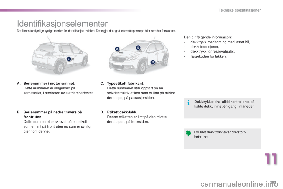 PEUGEOT 2008 2016 Instruksjoner for bruk (in Norwegian) 253
2008_no_Chap11_caracteristiques-techniques_ed01-2016
Identifikasjonselementer
A. Serienummer i motorrommet. D
ette nummeret er inngravert på
karosseriet, i nærheten av støtdemperfestet.
Dekkt PEUGEOT 2008 2016 Instruksjoner for bruk (in Norwegian) 253
2008_no_Chap11_caracteristiques-techniques_ed01-2016
Identifikasjonselementer
A. Serienummer i motorrommet. D
ette nummeret er inngravert på
karosseriet, i nærheten av støtdemperfestet.
Dekkt