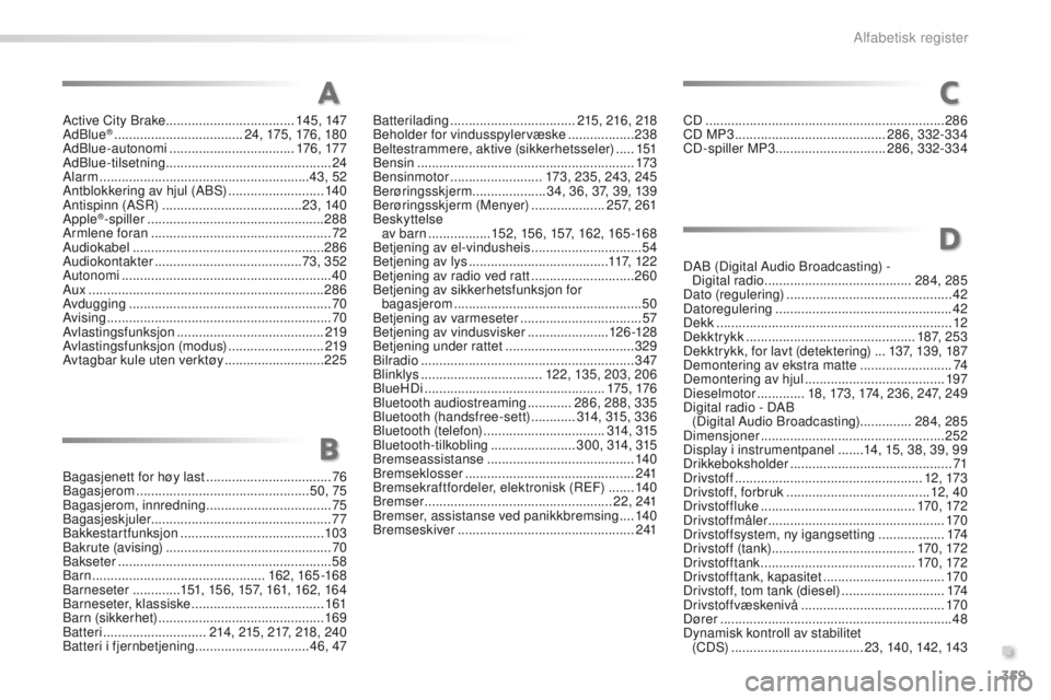PEUGEOT 2008 2016  Instruksjoner for bruk (in Norwegian) 359
2008_no_Chap13_index-alpha_ed01-2016
Active City Brake ...................................14 5, 147
AdBlue® ............................... ....24, 175, 176, 180
AdBlue-autonomi  ................