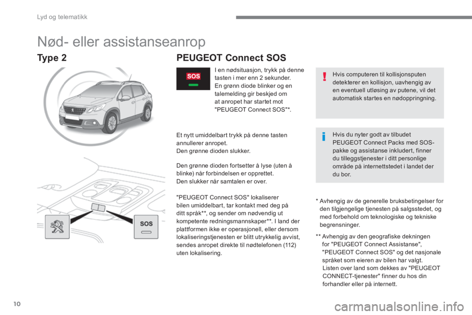 PEUGEOT 2008 2016 Instruksjoner for bruk (in Norwegian) Lyd og telematikk
10
2008-additif_no_Chap12a_BTA-2-BTA-3R_ed01-2016
Nød- eller assistanseanrop
Hvis computeren til kollisjonsputen detekterer en kollisjon, uavhengig av en eventuell utl PEUGEOT 2008 2016 Instruksjoner for bruk (in Norwegian) Lyd og telematikk
10
2008-additif_no_Chap12a_BTA-2-BTA-3R_ed01-2016
Nød- eller assistanseanrop
Hvis computeren til kollisjonsputen detekterer en kollisjon, uavhengig av en eventuell utl