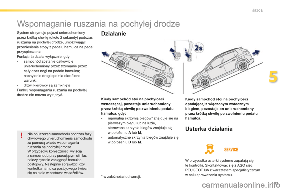 PEUGEOT 2008 2016 Instrukcja obsługi (in Polish) 103
2008_pl_Chap05_conduite_ed01-2016
Wspomaganie ruszania na pochyłej drodze
System utrzymuje pojazd unieruchomiony
przez krótką chwilę (około 2 sekundy) podczas
ruszania na pochyłej drodze, PEUGEOT 2008 2016 Instrukcja obsługi (in Polish) 103
2008_pl_Chap05_conduite_ed01-2016
Wspomaganie ruszania na pochyłej drodze
System utrzymuje pojazd unieruchomiony
przez krótką chwilę (około 2 sekundy) podczas
ruszania na pochyłej drodze,