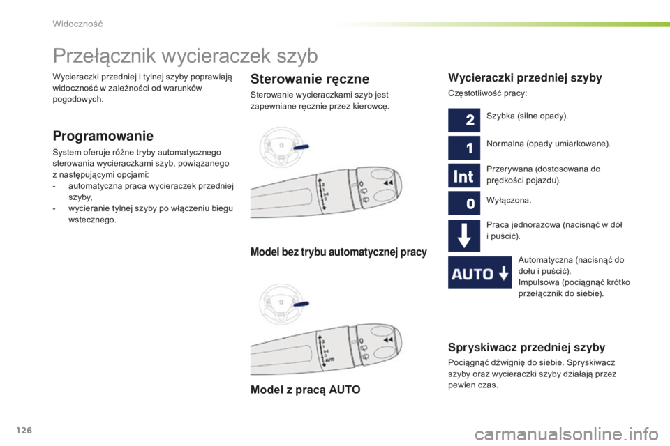 PEUGEOT 2008 2016 Instrukcja obsługi (in Polish) 126
2008_pl_Chap06_visibilite_ed01-2016
Spryskiwacz przedniej szyby
Pociągnąć dźwignię do siebie. Spryskiwacz
szyby oraz wycieraczki szyby działają przez
pewien czas.
Przełącznik wycieracze PEUGEOT 2008 2016 Instrukcja obsługi (in Polish) 126
2008_pl_Chap06_visibilite_ed01-2016
Spryskiwacz przedniej szyby
Pociągnąć dźwignię do siebie. Spryskiwacz
szyby oraz wycieraczki szyby działają przez
pewien czas.
Przełącznik wycieracze