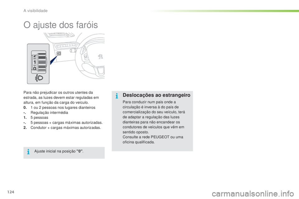 PEUGEOT 2008 2016 Manual de utilização (in Portuguese) 124
2008_pt_Chap06_visibilite_ed01-2016
O ajuste dos faróis
Para não prejudicar os outros utentes da
estrada, as luzes devem estar reguladas em
altura, em função da carga do veículo.
0.
1
ou PEUGEOT 2008 2016 Manual de utilização (in Portuguese) 124
2008_pt_Chap06_visibilite_ed01-2016
O ajuste dos faróis
Para não prejudicar os outros utentes da
estrada, as luzes devem estar reguladas em
altura, em função da carga do veículo.
0.
1
ou