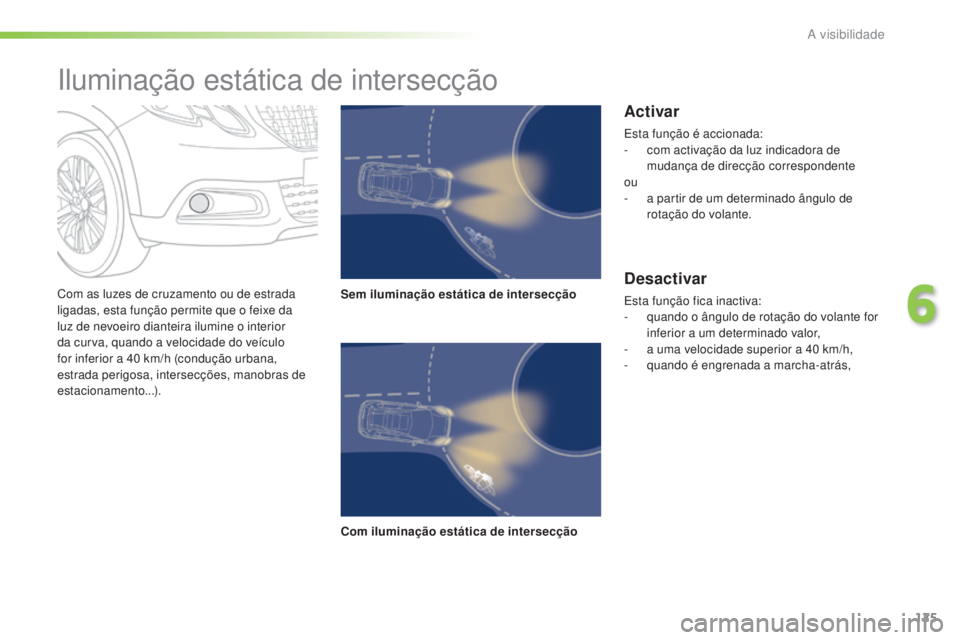 PEUGEOT 2008 2016 Manual de utilização (in Portuguese) 125
2008_pt_Chap06_visibilite_ed01-2016
Com as luzes de cruzamento ou de estrada
ligadas, esta função permite que o feixe da
luz de nevoeiro dianteira ilumine o interior
da curva, quando a veloci PEUGEOT 2008 2016 Manual de utilização (in Portuguese) 125
2008_pt_Chap06_visibilite_ed01-2016
Com as luzes de cruzamento ou de estrada
ligadas, esta função permite que o feixe da
luz de nevoeiro dianteira ilumine o interior
da curva, quando a veloci
