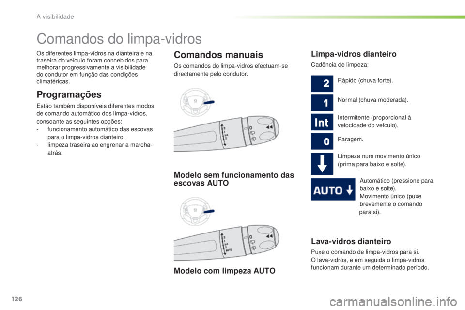 PEUGEOT 2008 2016 Manual de utilização (in Portuguese) 126
2008_pt_Chap06_visibilite_ed01-2016
Lava-vidros dianteiro
Puxe o comando de limpa-vidros para si.
O lava-vidros, e em seguida o limpa-vidros
funcionam durante um determinado período.
Comandos d PEUGEOT 2008 2016 Manual de utilização (in Portuguese) 126
2008_pt_Chap06_visibilite_ed01-2016
Lava-vidros dianteiro
Puxe o comando de limpa-vidros para si.
O lava-vidros, e em seguida o limpa-vidros
funcionam durante um determinado período.
Comandos d