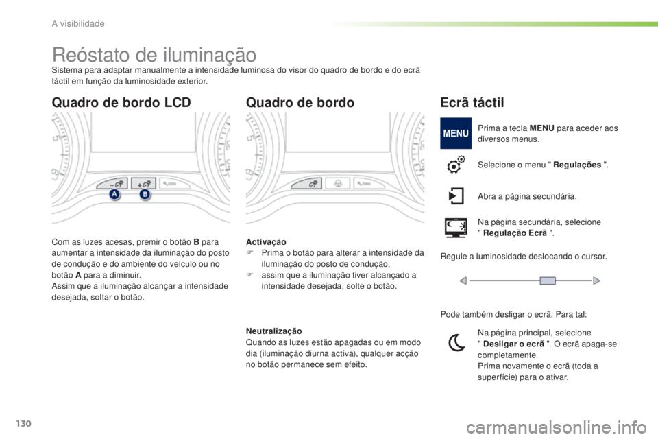 PEUGEOT 2008 2016 Manual de utilização (in Portuguese) 130
2008_pt_Chap06_visibilite_ed01-2016
Reóstato de iluminaçãoSistema para adaptar manualmente a intensidade luminosa do visor do quadro de bordo e do ecrã
táctil em função da luminosidade ext PEUGEOT 2008 2016 Manual de utilização (in Portuguese) 130
2008_pt_Chap06_visibilite_ed01-2016
Reóstato de iluminaçãoSistema para adaptar manualmente a intensidade luminosa do visor do quadro de bordo e do ecrã
táctil em função da luminosidade ext