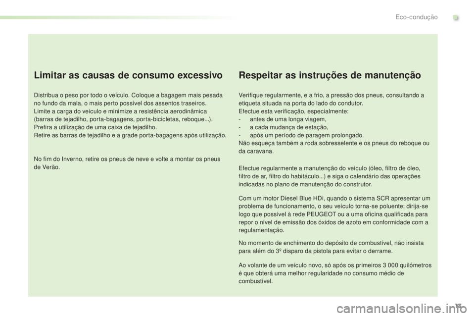 PEUGEOT 2008 2016 Manual de utilização (in Portuguese) 13
2008_pt_Chap00c_eco-conduite_ed01-2016
Limitar as causas de consumo excessivo
Distribua o peso por todo o veículo. Coloque a bagagem mais pesada
no fundo da mala, o mais perto possível dos assen PEUGEOT 2008 2016 Manual de utilização (in Portuguese) 13
2008_pt_Chap00c_eco-conduite_ed01-2016
Limitar as causas de consumo excessivo
Distribua o peso por todo o veículo. Coloque a bagagem mais pesada
no fundo da mala, o mais perto possível dos assen
