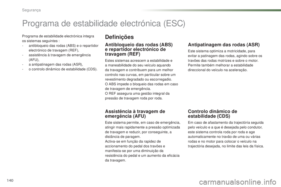 PEUGEOT 2008 2016 Manual de utilização (in Portuguese) 140
2008_pt_Chap07_securite_ed01-2016
Programa de estabilidade electrónica integra
os sistemas seguintes :
-
a
ntibloqueio das rodas (ABS) e o repartidor
electrónico de travagem (REF),
-
a
ss PEUGEOT 2008 2016 Manual de utilização (in Portuguese) 140
2008_pt_Chap07_securite_ed01-2016
Programa de estabilidade electrónica integra
os sistemas seguintes :
-
a
ntibloqueio das rodas (ABS) e o repartidor
electrónico de travagem (REF),
-
a
ss