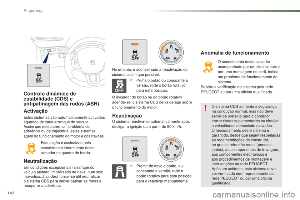 PEUGEOT 2008 2016 Manual de utilização (in Portuguese) 142
2008_pt_Chap07_securite_ed01-2016
Controlo dinâmico de
estabilidade (CDS) e
antipatinagem das rodas (ASR)
Activação
Estes sistemas são automaticamente activados
aquando de cada arranque do PEUGEOT 2008 2016 Manual de utilização (in Portuguese) 142
2008_pt_Chap07_securite_ed01-2016
Controlo dinâmico de
estabilidade (CDS) e
antipatinagem das rodas (ASR)
Activação
Estes sistemas são automaticamente activados
aquando de cada arranque do