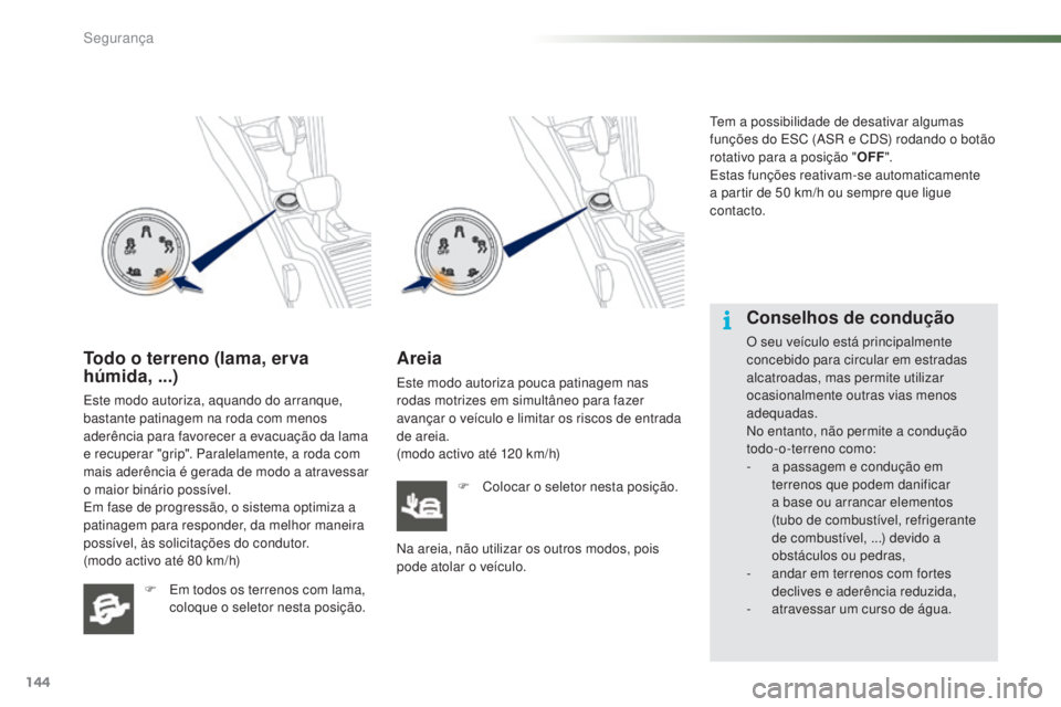 PEUGEOT 2008 2016 Manual de utilização (in Portuguese) 144
2008_pt_Chap07_securite_ed01-2016
Todo o terreno (lama, erva
húmida, ...)
Este modo autoriza, aquando do arranque,
bastante patinagem na roda com menos
aderência para favorecer a evacuação PEUGEOT 2008 2016 Manual de utilização (in Portuguese) 144
2008_pt_Chap07_securite_ed01-2016
Todo o terreno (lama, erva
húmida, ...)
Este modo autoriza, aquando do arranque,
bastante patinagem na roda com menos
aderência para favorecer a evacuação