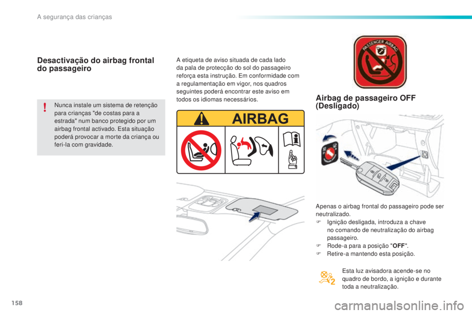 PEUGEOT 2008 2016 Manual de utilização (in Portuguese) 158
2008_pt_Chap08_securite-enfants_ed01-2016
Desactivação do airbag frontal
do passageiro
Nunca instale um sistema de retenção
para crianças "de costas para a
estrada" num banco prote PEUGEOT 2008 2016 Manual de utilização (in Portuguese) 158
2008_pt_Chap08_securite-enfants_ed01-2016
Desactivação do airbag frontal
do passageiro
Nunca instale um sistema de retenção
para crianças "de costas para a
estrada" num banco prote