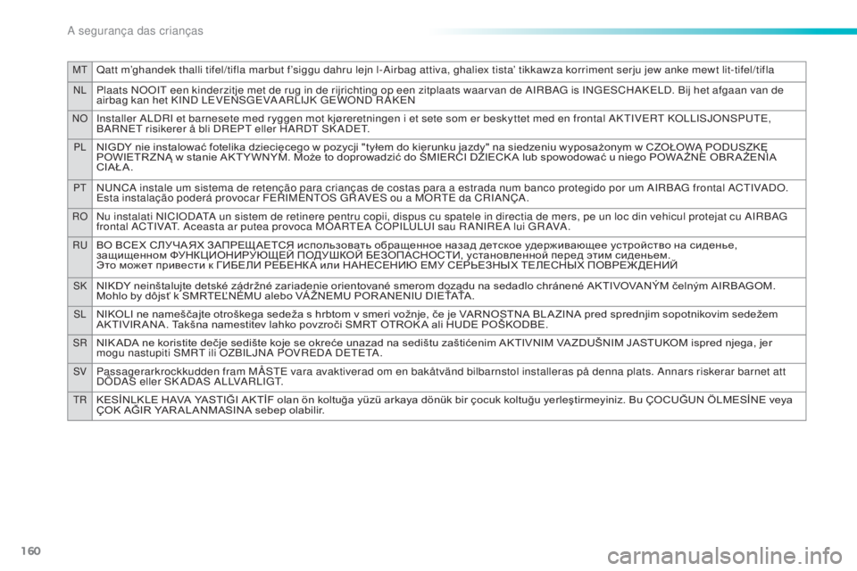 PEUGEOT 2008 2016 Manual de utilização (in Portuguese) 160
MTQatt m’ghandek thalli tifel/tifla marbut f’siggu dahru lejn l-Airbag attiva, ghaliex tista’ tikkawza korriment serju jew anke mewt lit-tifel/tifla
NLPlaats NOOIT een kinderzitje met de rug PEUGEOT 2008 2016 Manual de utilização (in Portuguese) 160
MTQatt m’ghandek thalli tifel/tifla marbut f’siggu dahru lejn l-Airbag attiva, ghaliex tista’ tikkawza korriment serju jew anke mewt lit-tifel/tifla
NLPlaats NOOIT een kinderzitje met de rug