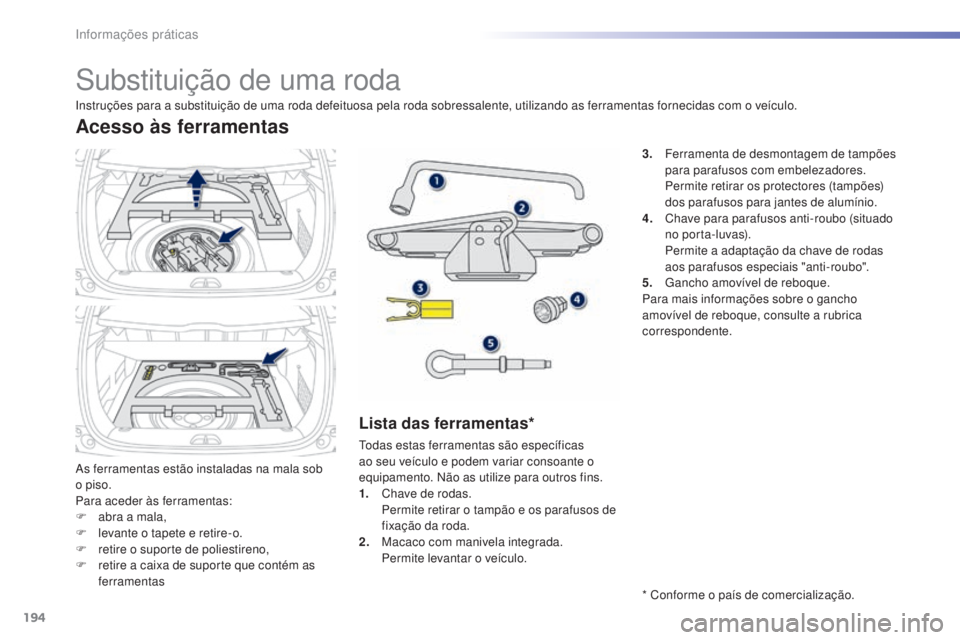 PEUGEOT 2008 2016 Manual de utilização (in Portuguese) 194
2008_pt_Chap09_info-pratiques_ed01-2016
Substituição de uma roda
As ferramentas estão instaladas na mala sob
o piso.
Para aceder às ferramentas:
F
ab
ra a mala,
F
l
evante o tapete e ret PEUGEOT 2008 2016 Manual de utilização (in Portuguese) 194
2008_pt_Chap09_info-pratiques_ed01-2016
Substituição de uma roda
As ferramentas estão instaladas na mala sob
o piso.
Para aceder às ferramentas:
F
ab
ra a mala,
F
l
evante o tapete e ret