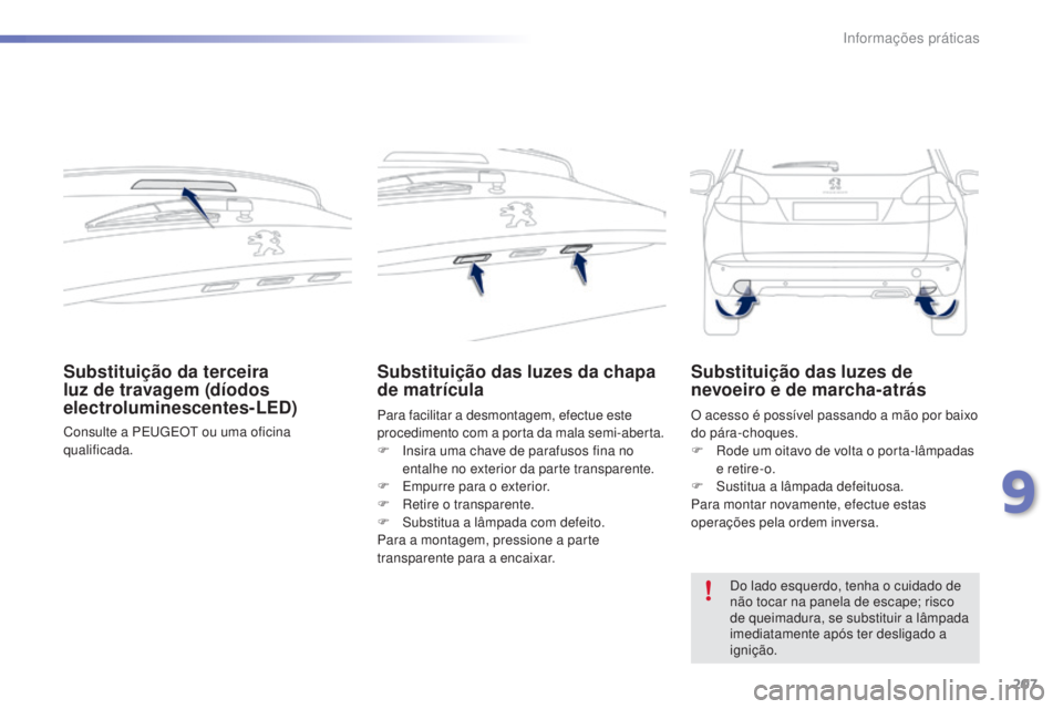 PEUGEOT 2008 2016 Manual de utilização (in Portuguese) 207
2008_pt_Chap09_info-pratiques_ed01-2016
Substituição da terceira
luz de travagem (díodos
electroluminescentes-LED)
Consulte a PEUGEOT ou uma oficina
qualificada.
Substituição das luzes da PEUGEOT 2008 2016 Manual de utilização (in Portuguese) 207
2008_pt_Chap09_info-pratiques_ed01-2016
Substituição da terceira
luz de travagem (díodos
electroluminescentes-LED)
Consulte a PEUGEOT ou uma oficina
qualificada.
Substituição das luzes da