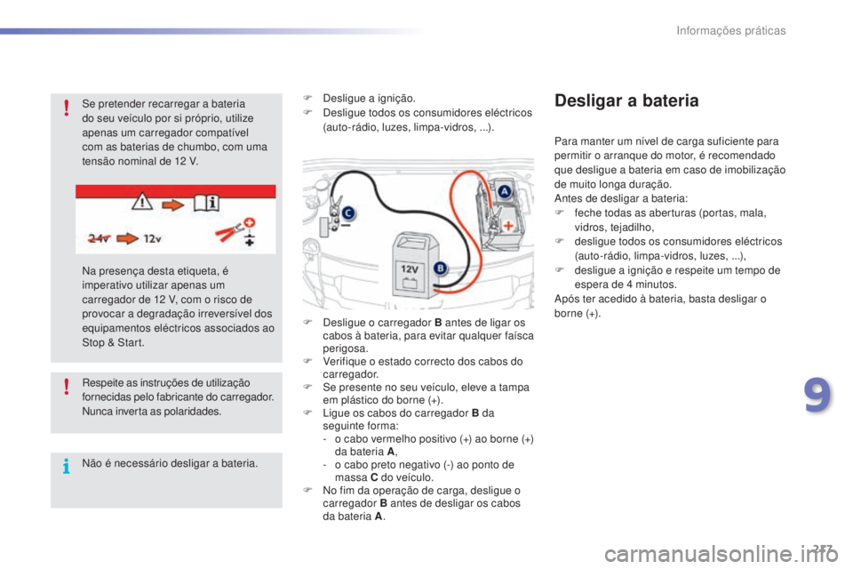 PEUGEOT 2008 2016 Manual de utilização (in Portuguese) 217
2008_pt_Chap09_info-pratiques_ed01-2016
Respeite as instruções de utilização
fornecidas pelo fabricante do carregador.
Nunca inverta as polaridades.
Não é necessário desligar a bateria.F
PEUGEOT 2008 2016 Manual de utilização (in Portuguese) 217
2008_pt_Chap09_info-pratiques_ed01-2016
Respeite as instruções de utilização
fornecidas pelo fabricante do carregador.
Nunca inverta as polaridades.
Não é necessário desligar a bateria.F