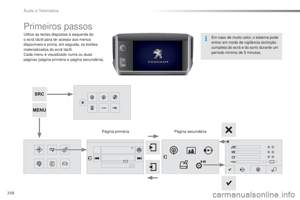 PEUGEOT 2008 2016 Manual de utilização (in Portuguese) 258
2008_pt_Chap12b_SMEGplus_ed01-2016
Primeiros passos
Utilize as teclas dispostas à esquerda do
o ecrã táctil para ter acesso aos menus
disponíveis e prima, em seguida, os botões
materializa PEUGEOT 2008 2016 Manual de utilização (in Portuguese) 258
2008_pt_Chap12b_SMEGplus_ed01-2016
Primeiros passos
Utilize as teclas dispostas à esquerda do
o ecrã táctil para ter acesso aos menus
disponíveis e prima, em seguida, os botões
materializa