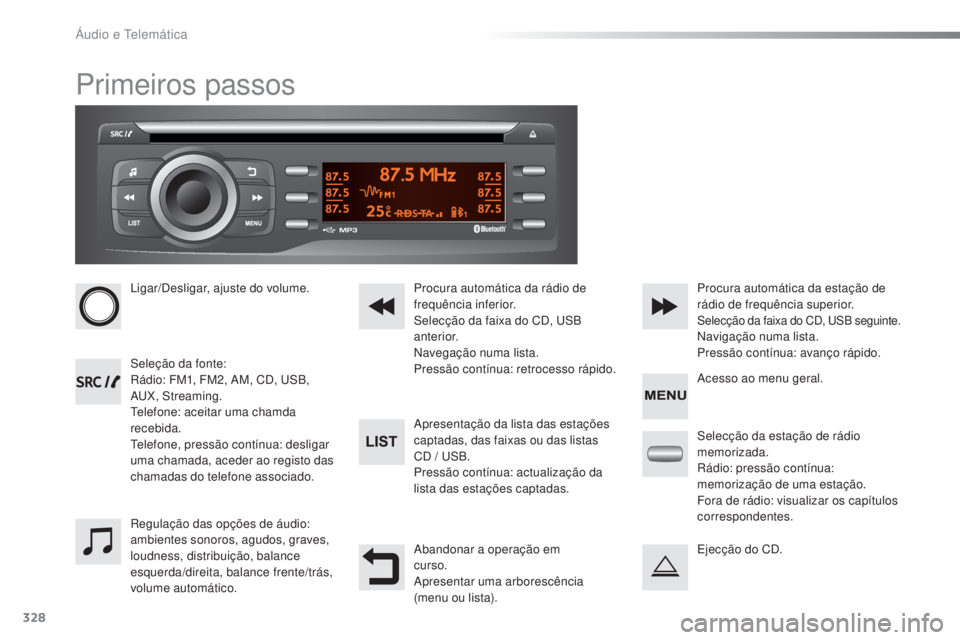 PEUGEOT 2008 2016 Manual de utilização (in Portuguese) 328
2008 _ pt _Chap12c _ RDE2_ed01-2016
Primeiros passos
Ligar/Desligar, ajuste do volume.
Seleção da fonte:
Rádio: FM1, FM2, AM, CD, USB,
AUX, Streaming.
Telefone: aceitar uma chamda
recebida.
T PEUGEOT 2008 2016 Manual de utilização (in Portuguese) 328
2008 _ pt _Chap12c _ RDE2_ed01-2016
Primeiros passos
Ligar/Desligar, ajuste do volume.
Seleção da fonte:
Rádio: FM1, FM2, AM, CD, USB,
AUX, Streaming.
Telefone: aceitar uma chamda
recebida.
T
