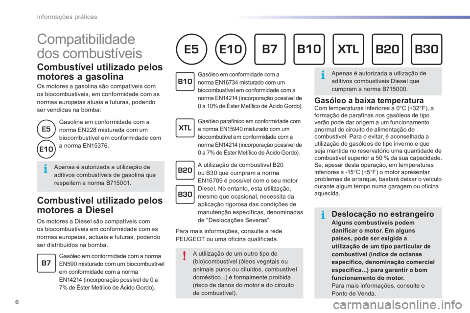 PEUGEOT 2008 2016 Manual de utilização (in Portuguese) 6
Informações práticas
2008-additif_pt_Chap09_info-pratiques_ed01-2016
Compatibilidade
dos combustíveis
Combustível utilizado pelos
motores a gasolina
Os motores a gasolina sã PEUGEOT 2008 2016 Manual de utilização (in Portuguese) 6
Informações práticas
2008-additif_pt_Chap09_info-pratiques_ed01-2016
Compatibilidade
dos combustíveis
Combustível utilizado pelos
motores a gasolina
Os motores a gasolina sã