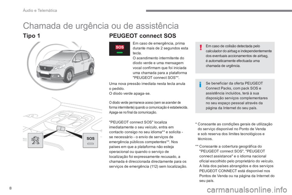 PEUGEOT 2008 2016 Manual de utilização (in Portuguese) Áudio e Telemática
8
2008-additif_pt_Chap12a_BTA-2-BTA-3R _ed01-2016
Chamada de urgência ou de assistência
PEUGEOT connect SOS
Em caso de emergência, prim PEUGEOT 2008 2016 Manual de utilização (in Portuguese) Áudio e Telemática
8
2008-additif_pt_Chap12a_BTA-2-BTA-3R _ed01-2016
Chamada de urgência ou de assistência
PEUGEOT connect SOS
Em caso de emergência, prim