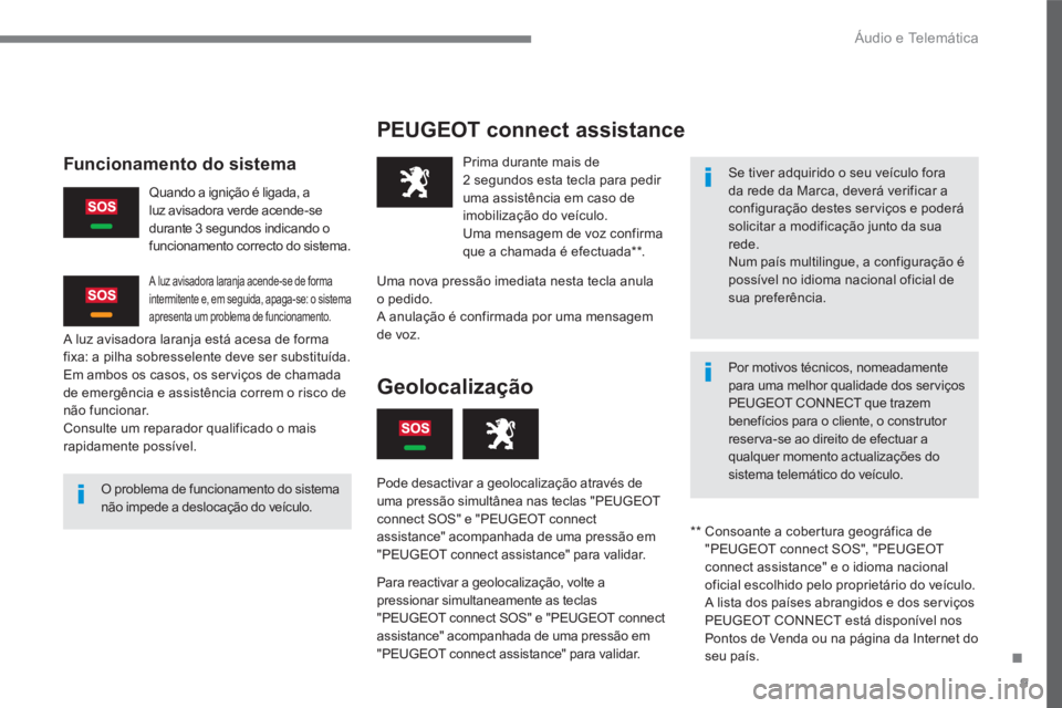 PEUGEOT 2008 2016 Manual de utilização (in Portuguese) .
Áudio e Telemática 9
2008-additif_pt_Chap12a_BTA-2-BTA-3R _ed01-2016
PEUGEOT connect assistance
O problema de funcionamento do sistema não impede a deslocação do veículo.
Prima PEUGEOT 2008 2016 Manual de utilização (in Portuguese) .
Áudio e Telemática 9
2008-additif_pt_Chap12a_BTA-2-BTA-3R _ed01-2016
PEUGEOT connect assistance
O problema de funcionamento do sistema não impede a deslocação do veículo.
Prima