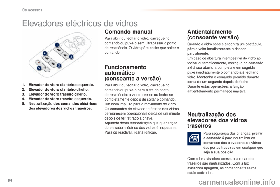 PEUGEOT 2008 2016 Manual de utilização (in Portuguese) 54
2008_pt_Chap02_ouvertures_ed01-2016
Elevadores eléctricos de vidros
1. Elevador do vidro dianteiro esquerdo.
2. Elevador do vidro dianteiro direito .
3.
E
levador do vidro traseiro direito.
4.
PEUGEOT 2008 2016 Manual de utilização (in Portuguese) 54
2008_pt_Chap02_ouvertures_ed01-2016
Elevadores eléctricos de vidros
1. Elevador do vidro dianteiro esquerdo.
2. Elevador do vidro dianteiro direito .
3.
E
levador do vidro traseiro direito.
4.