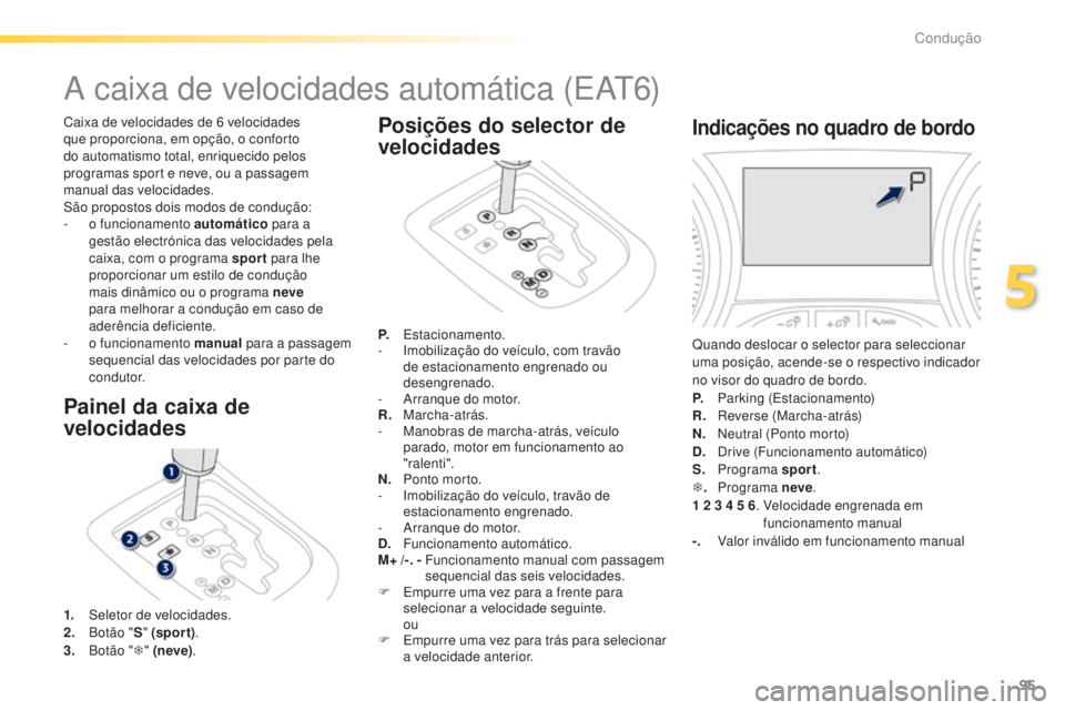 PEUGEOT 2008 2016 Manual de utilização (in Portuguese) 95
2008_pt_Chap05_conduite_ed01-2016
A caixa de velocidades automática (EAT6)
Caixa de velocidades de 6 velocidades
q ue proporciona, em opção, o conforto
do automatismo total, enriquecido pelos PEUGEOT 2008 2016 Manual de utilização (in Portuguese) 95
2008_pt_Chap05_conduite_ed01-2016
A caixa de velocidades automática (EAT6)
Caixa de velocidades de 6 velocidades
q ue proporciona, em opção, o conforto
do automatismo total, enriquecido pelos